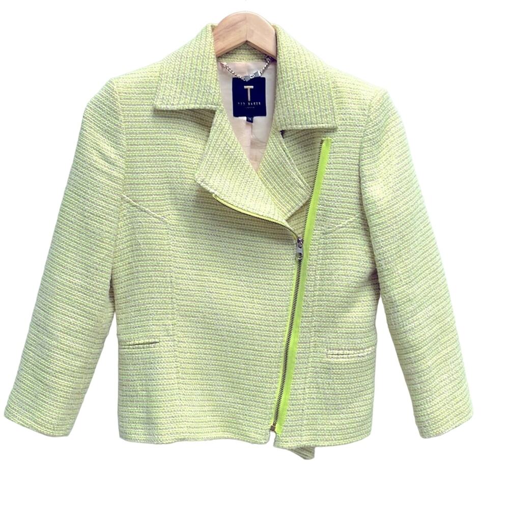 Ted Baker Noira Cropped Boucle Biker Jacket Lemon Yellow Size 1